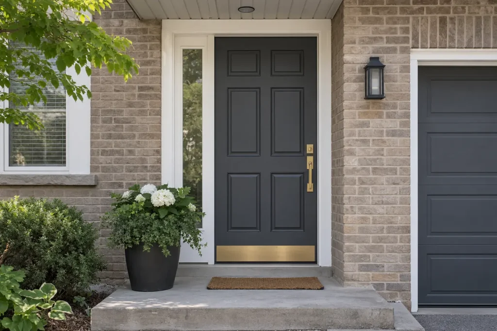 Panelled steel front door freshly painted satin charcoal