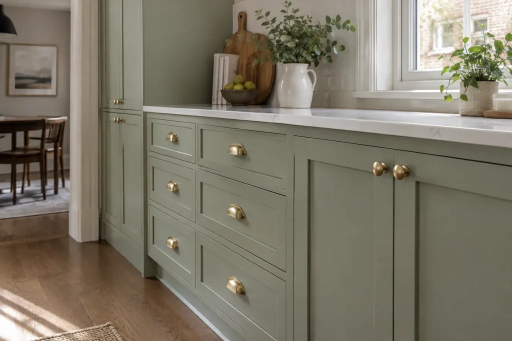 Shaker cabinet doors and drawers freshly painted sage green with brass pulls