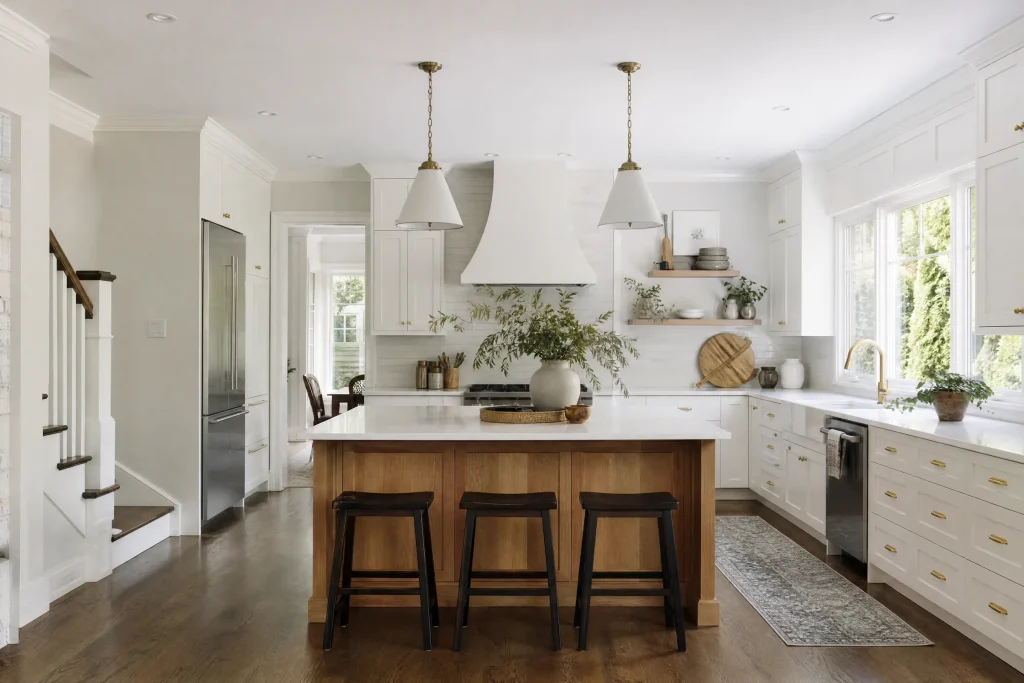 Bright kitchen with freshly painted white shaker cabinets and a wood island
