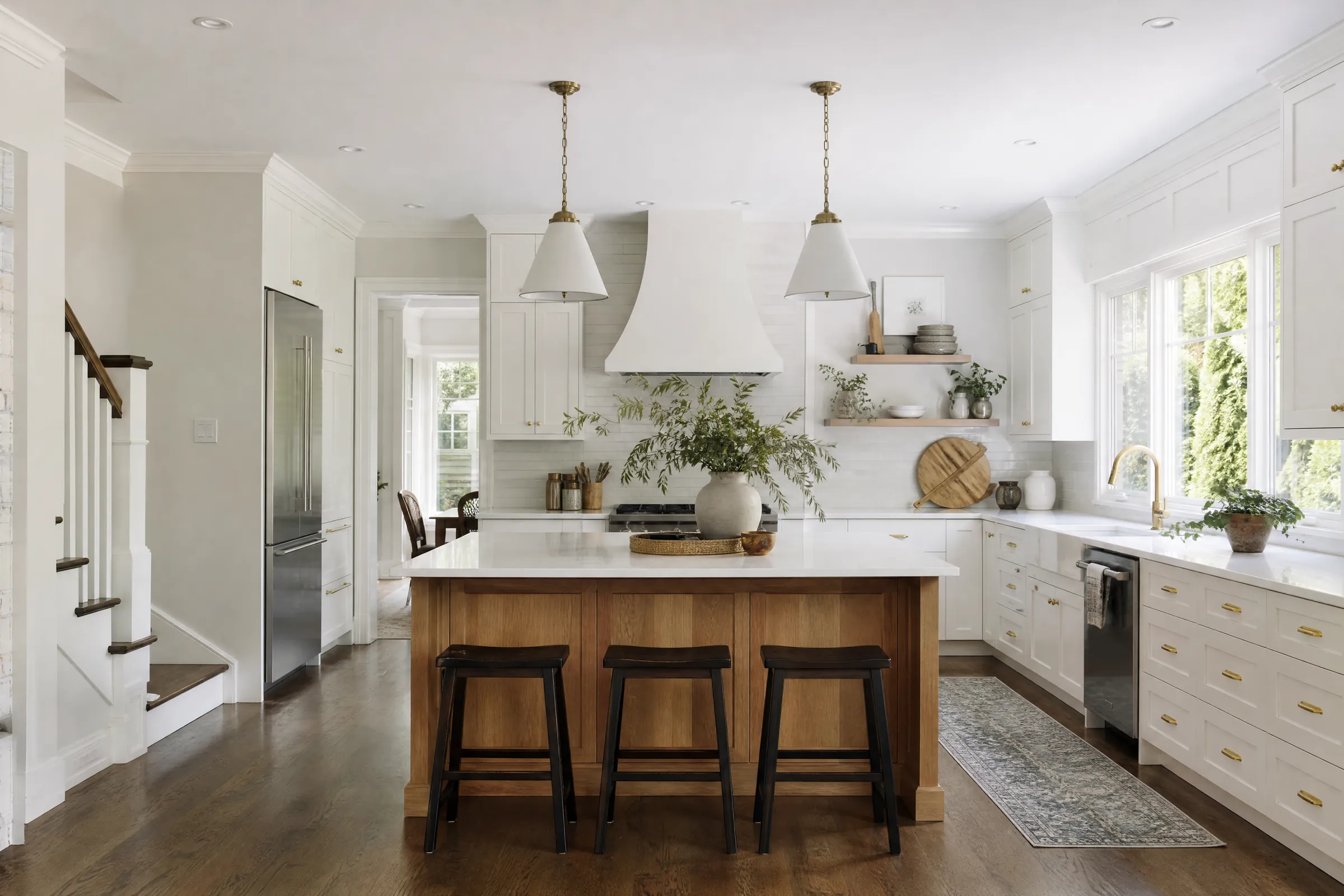 Bright kitchen with freshly painted white shaker cabinets and a wood island