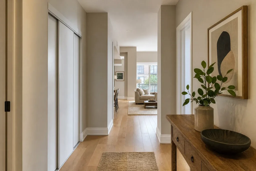 Condo entry hallway freshly painted soft greige
