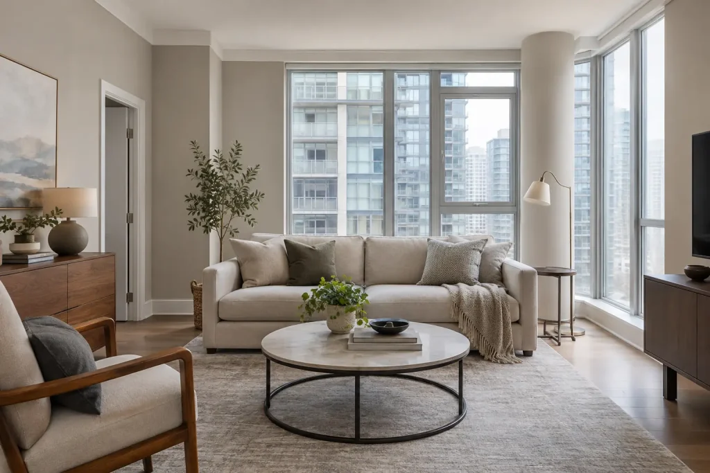 Condo living room freshly painted soft greige with white trim