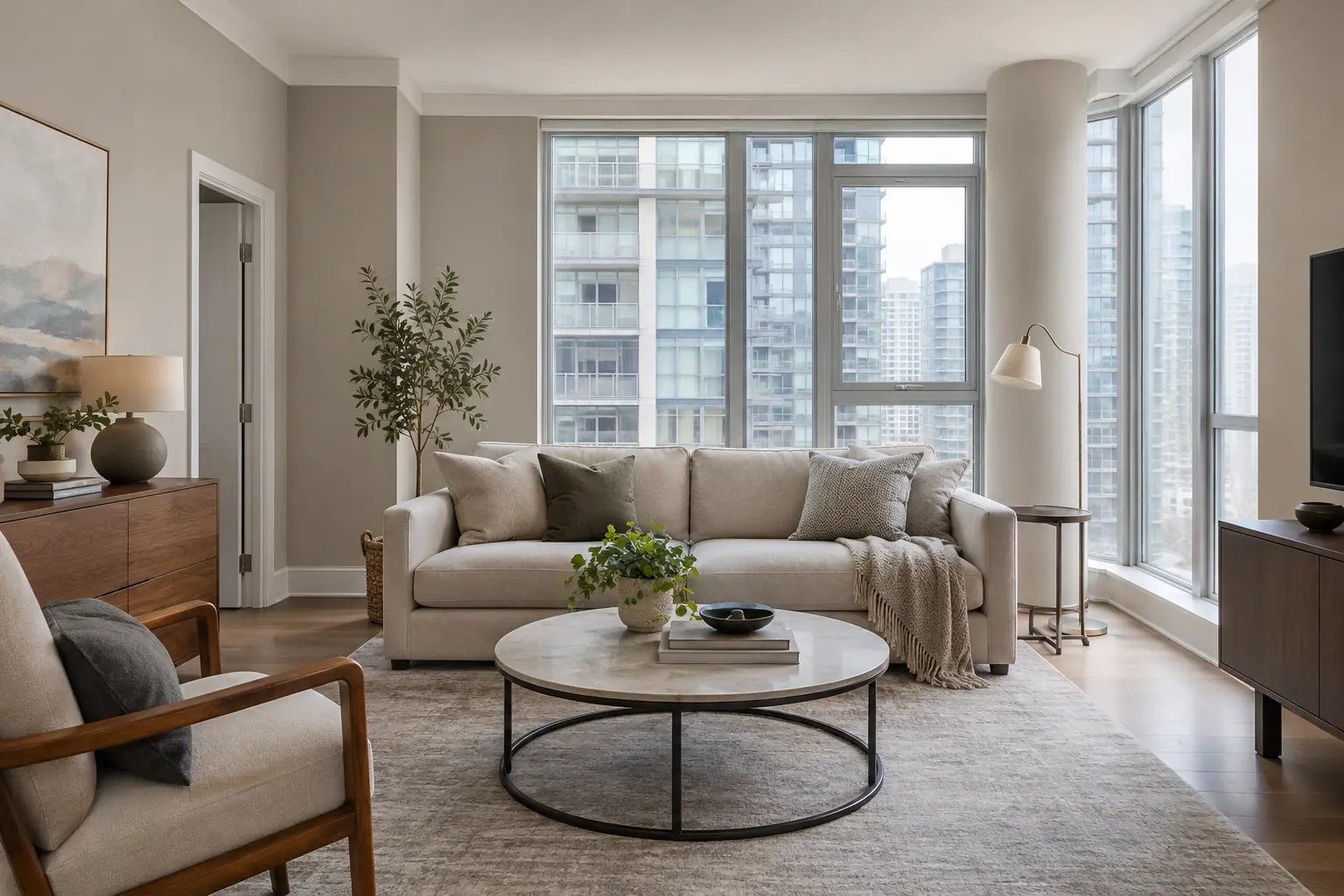 Condo living room freshly painted soft greige with white trim