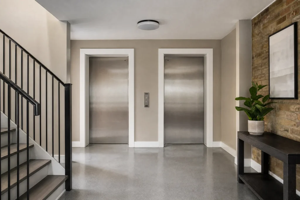 Parking-level elevator lobby freshly painted warm taupe with white door frames