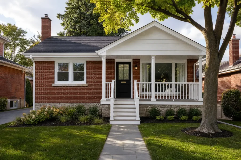Postwar brick bungalow with freshly painted white soffits and trim