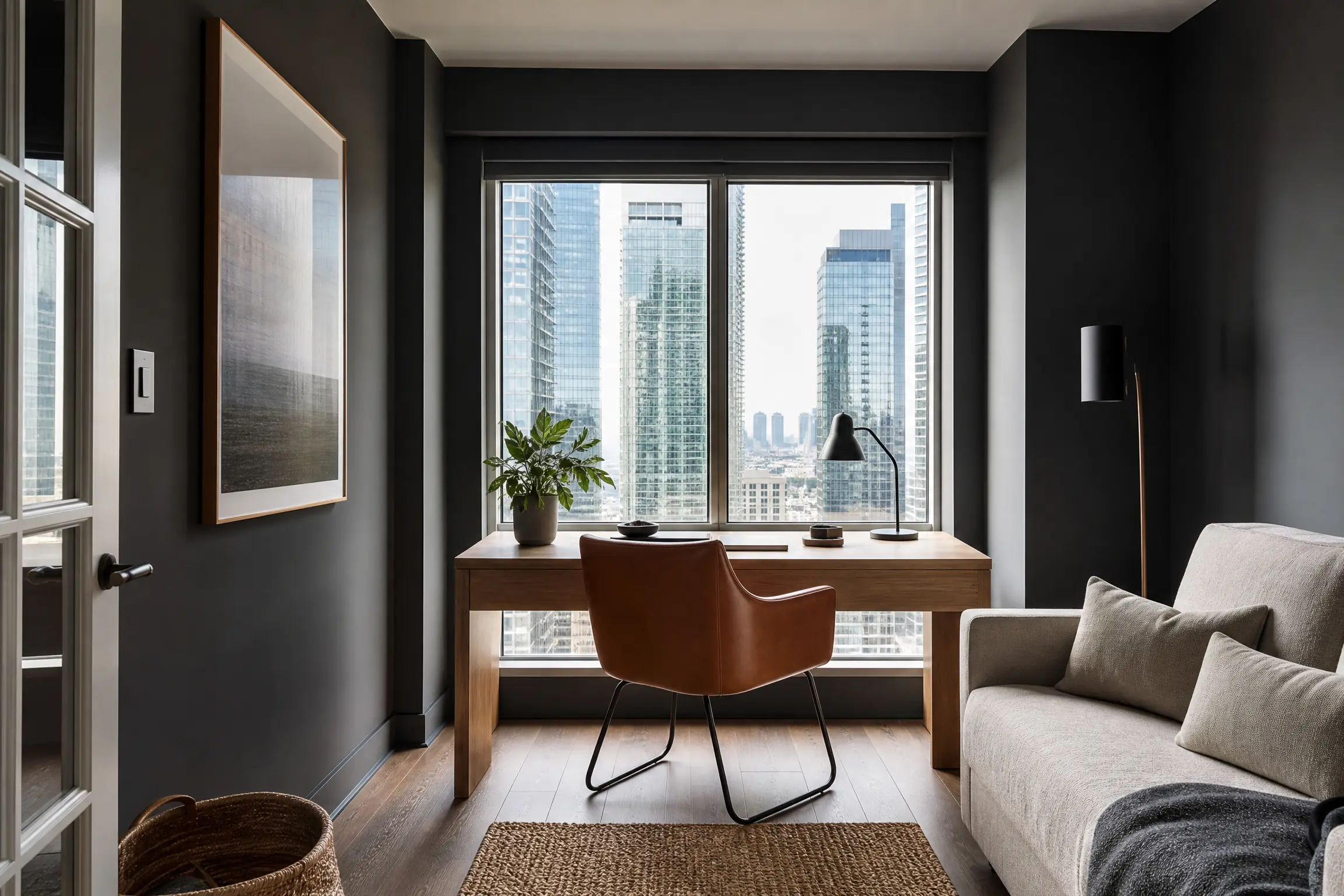 Condo den freshly painted deep charcoal with a light oak desk