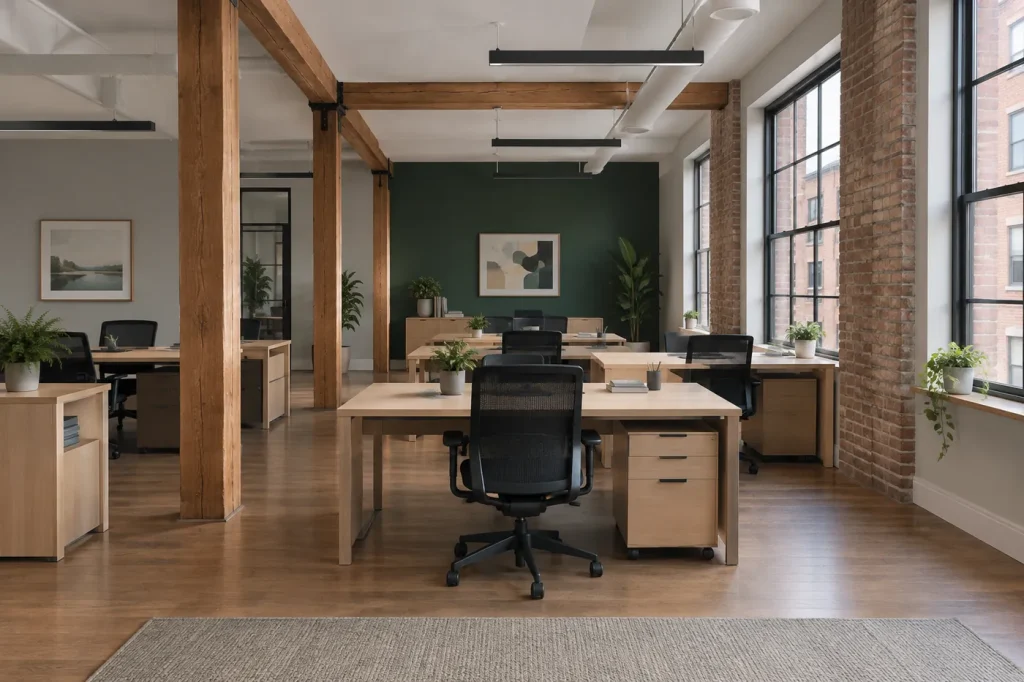 Brick-and-beam office freshly painted pale grey with a deep green feature wall