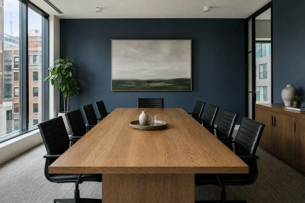 Boardroom freshly painted with a deep blue feature wall