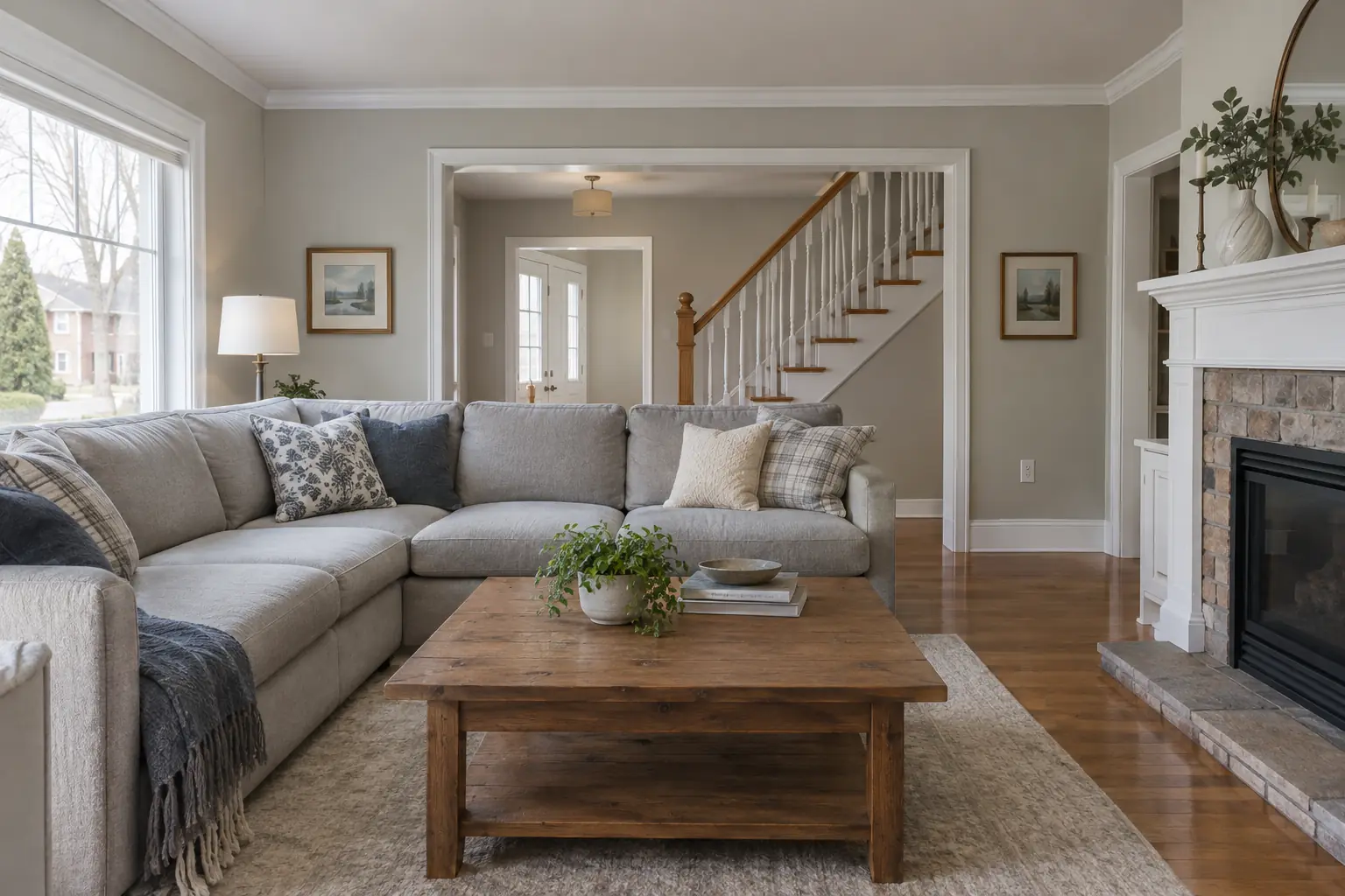 Family room freshly painted pale warm grey with a white mantel