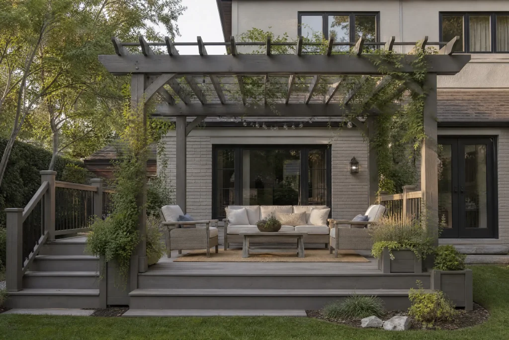Pergola and deck freshly stained in a muted grey-brown