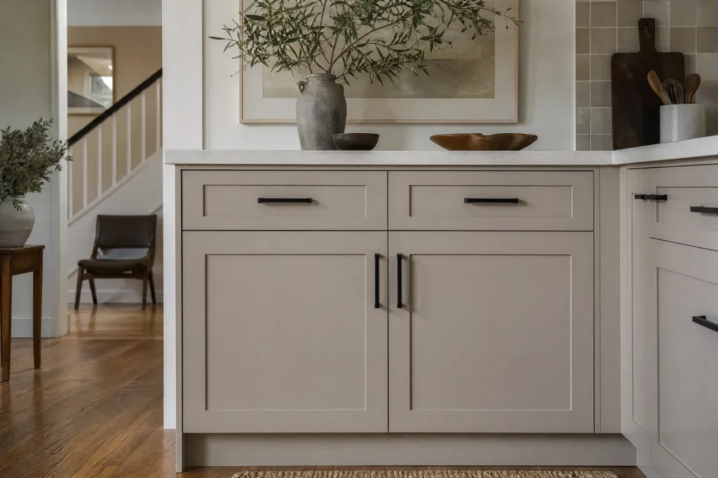 Close detail of freshly painted cabinet doors with a smooth sprayed finish