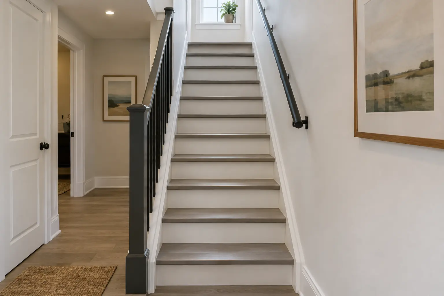 Basement stairs freshly painted with warm grey treads and white risers