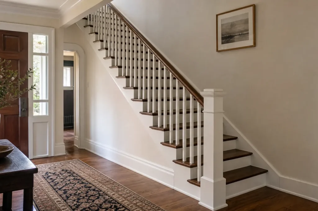 Front-hall staircase with walnut-stained treads, white risers and white balusters