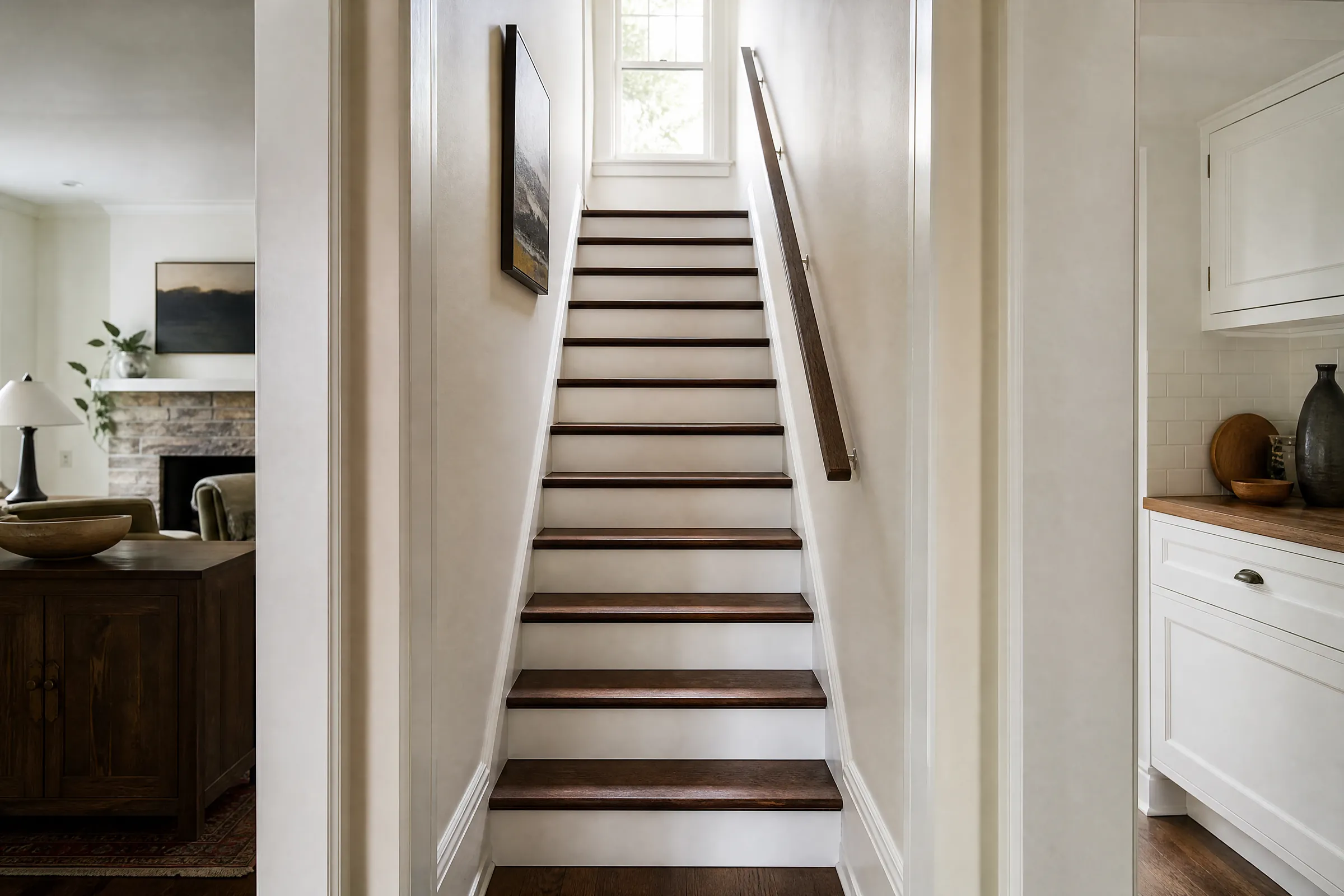 Staircase with a closed white stringer, white balusters and a walnut handrail