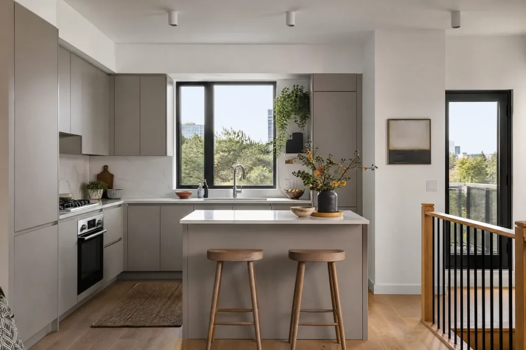 Condo kitchen with freshly painted soft grey slab cabinets