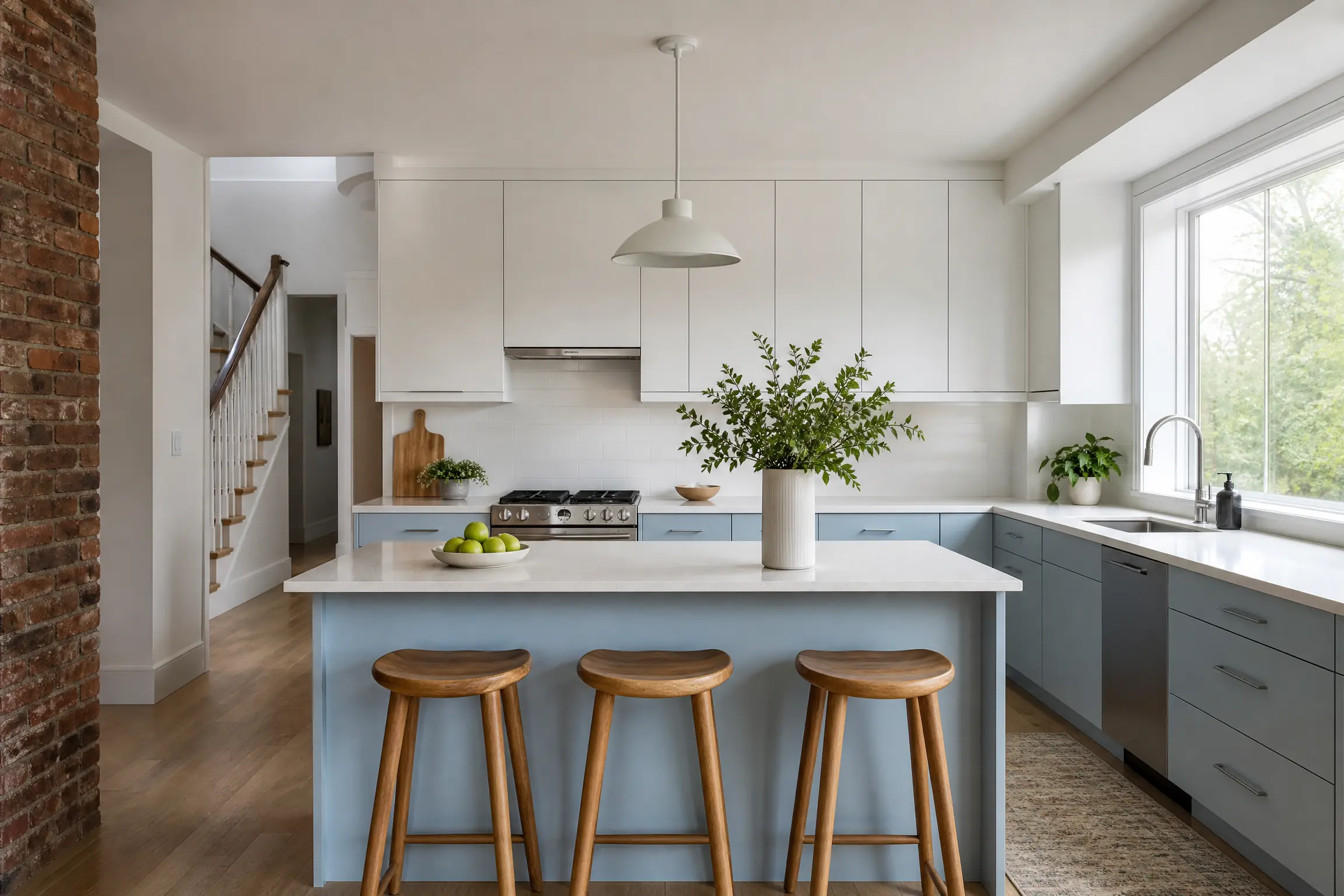 Condo kitchen with slab cabinets painted pale blue and white