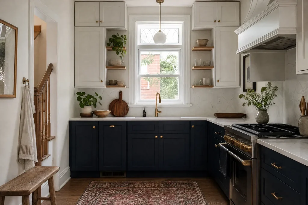 Kitchen with freshly painted navy lower cabinets and white uppers