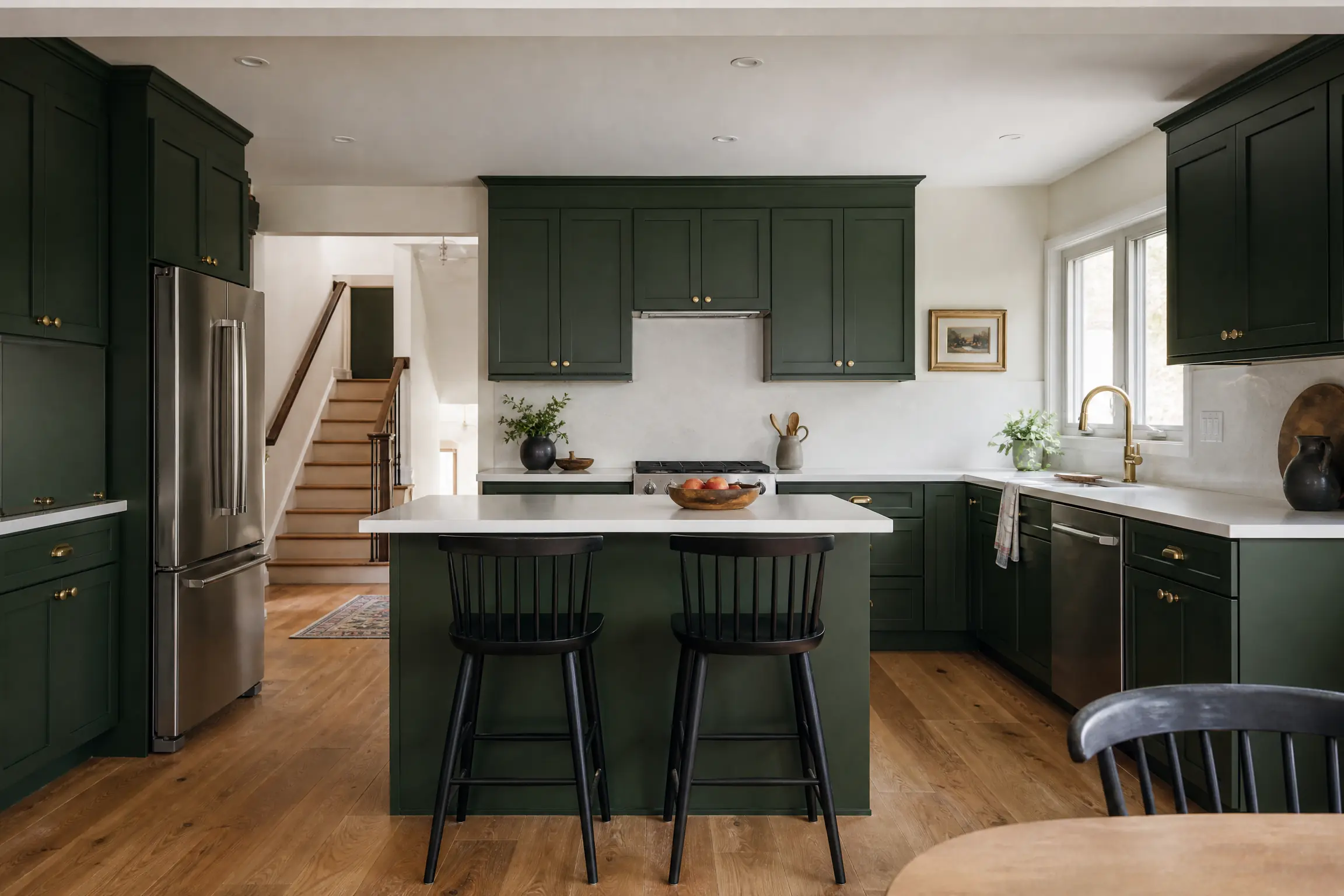 Oak shaker kitchen cabinets sprayed deep forest green with brass pulls