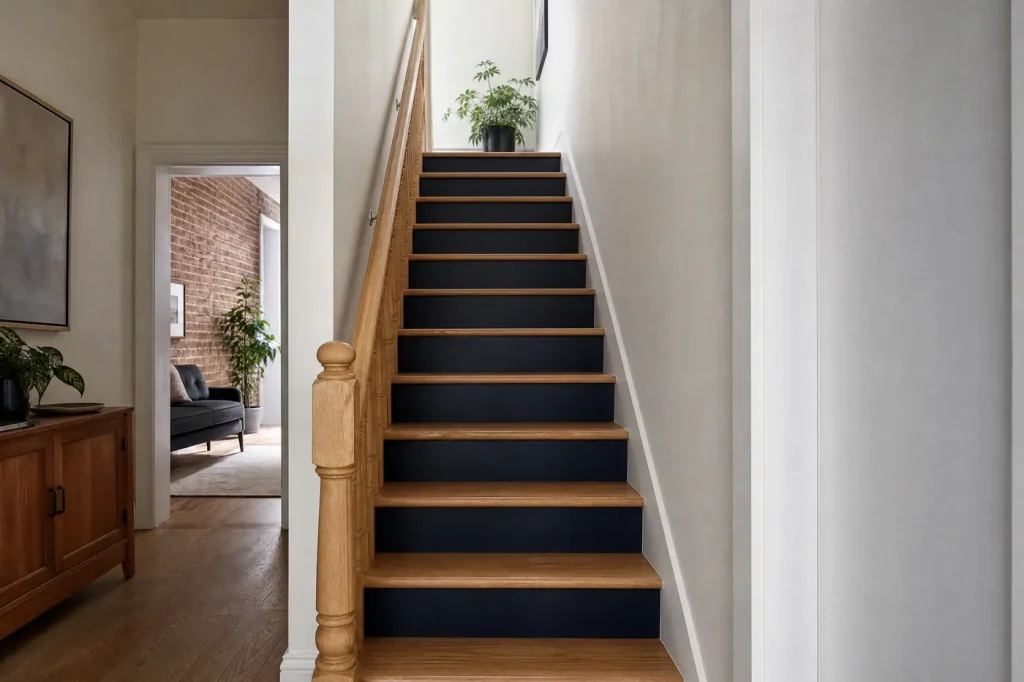 Staircase with freshly painted navy risers and natural oak treads