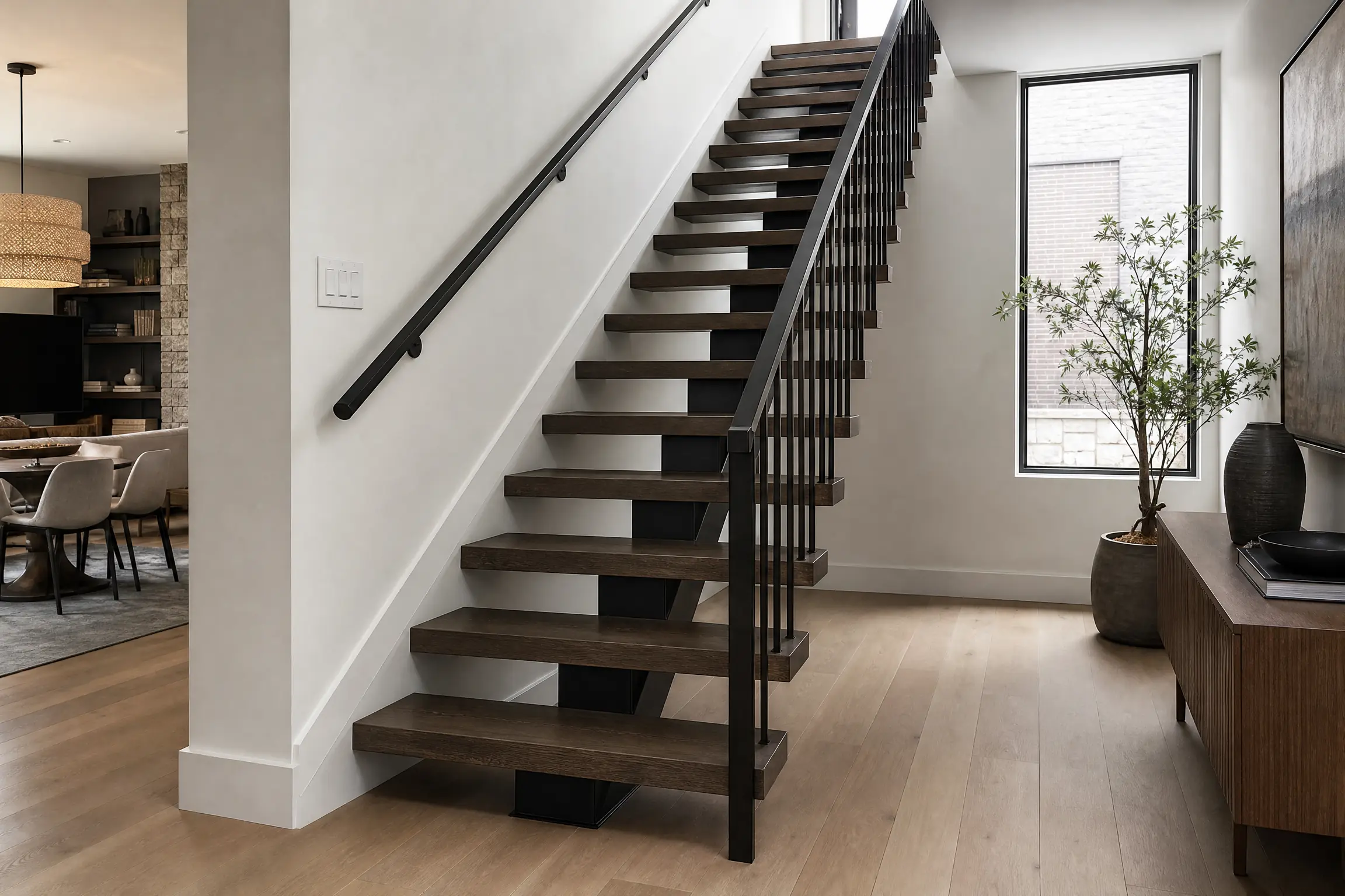 Open-riser staircase with treads oiled charcoal on a black steel stringer