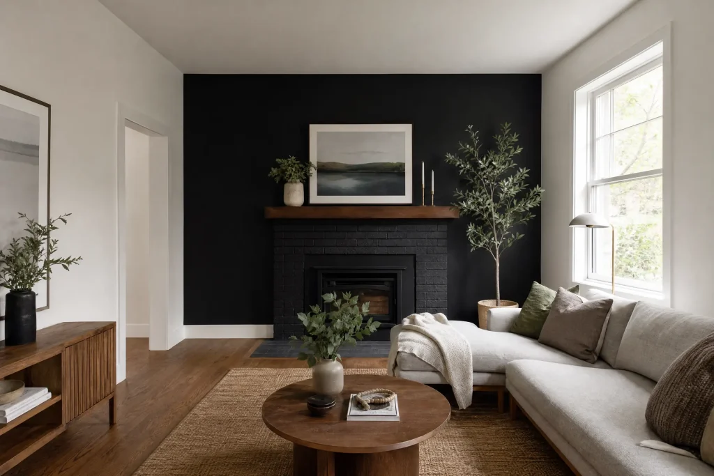 Living room with a matte black feature wall and warm white walls