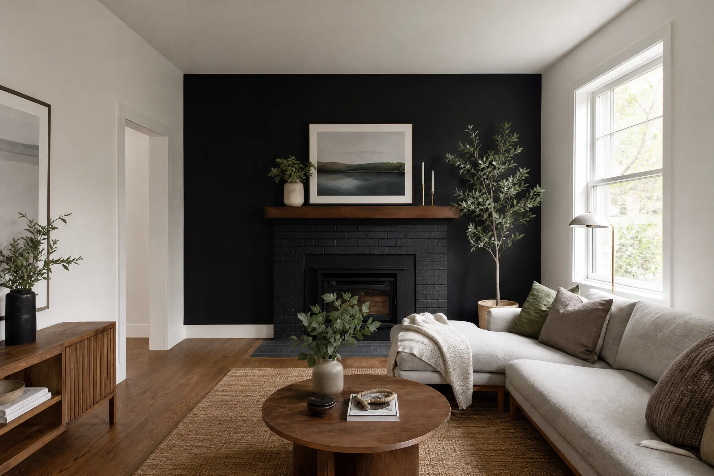 Living room with a matte black feature wall and warm white walls