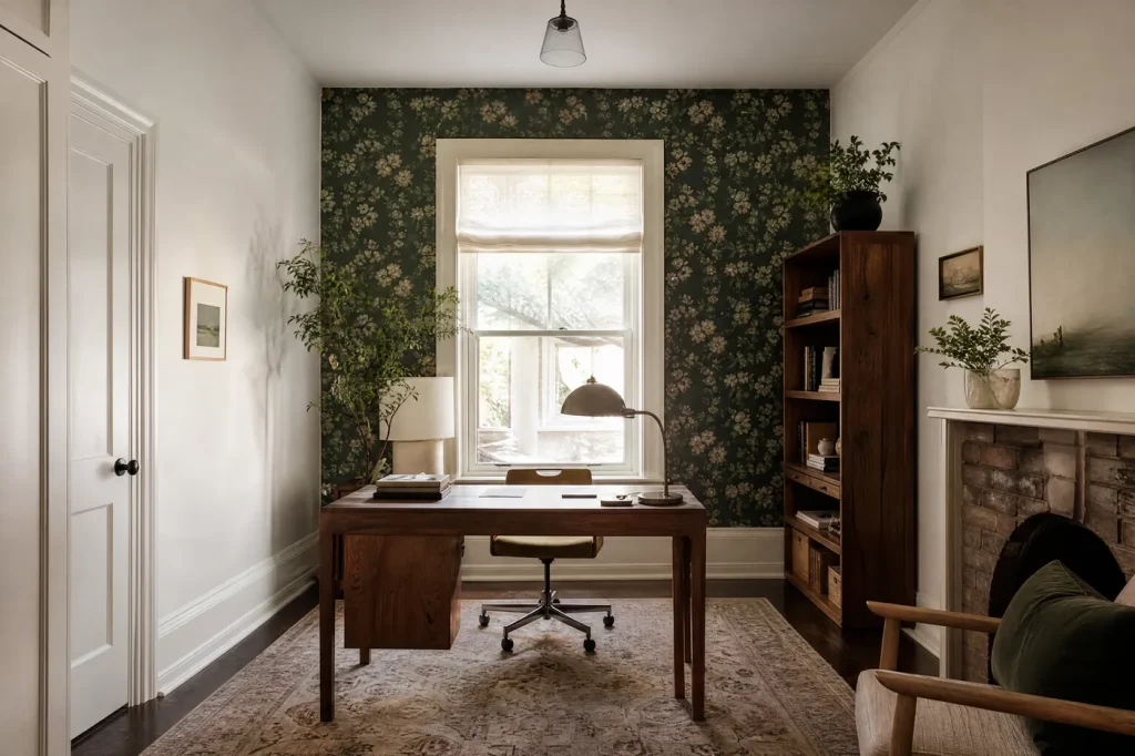 Home office with a freshly hung dark green botanical wallpaper wall