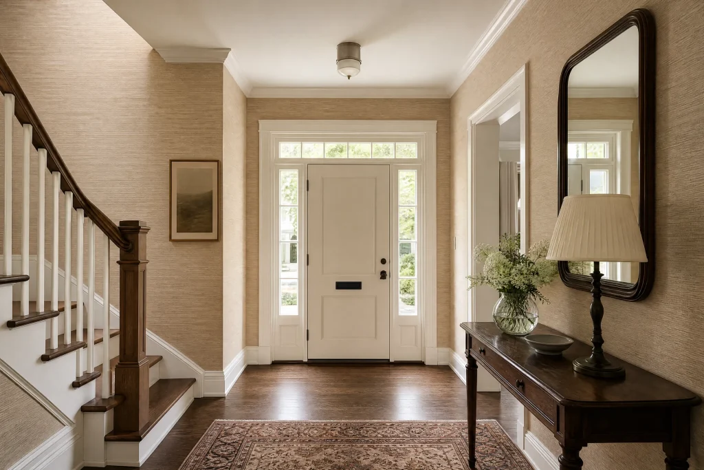 Hallway with freshly hung grasscloth wallpaper