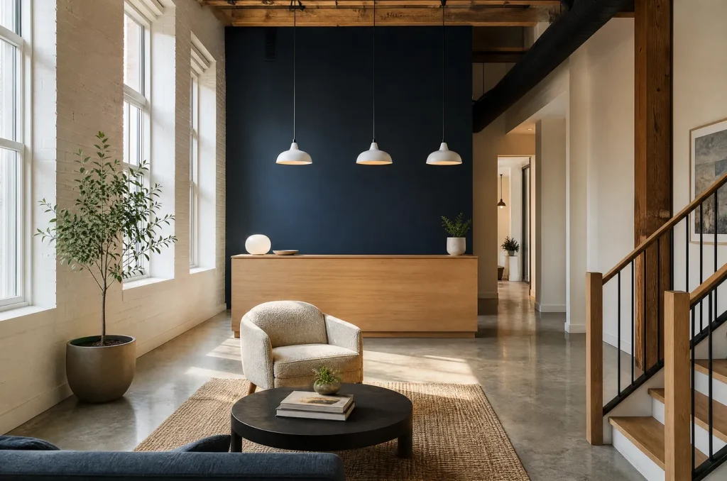 Office reception freshly painted warm white with a deep navy accent wall