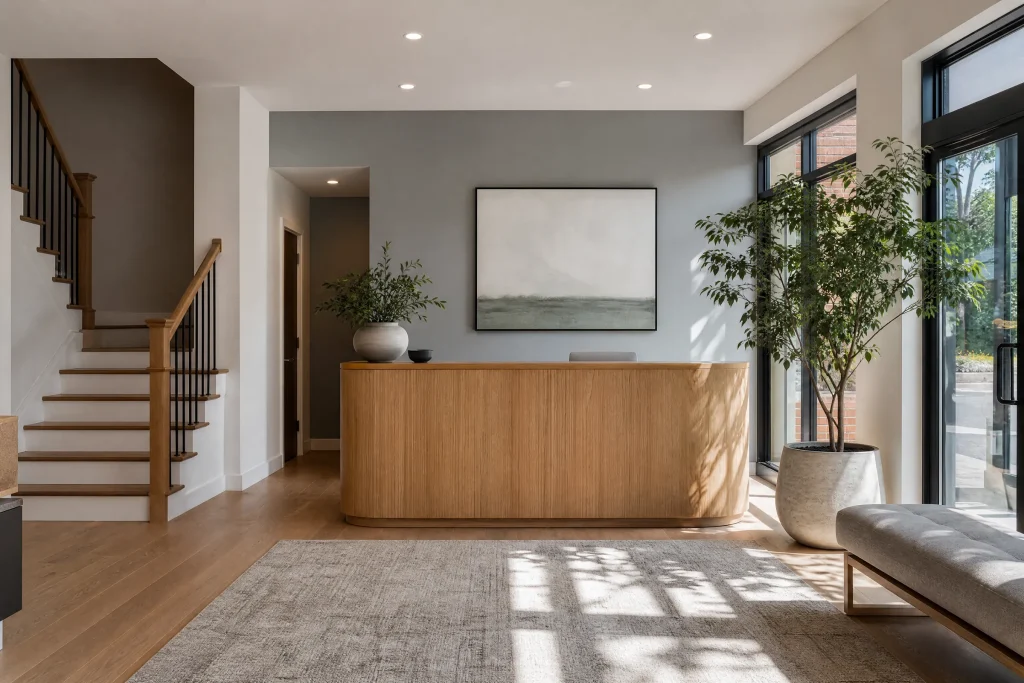 Office lobby freshly painted with crisp white walls and oak reception desk