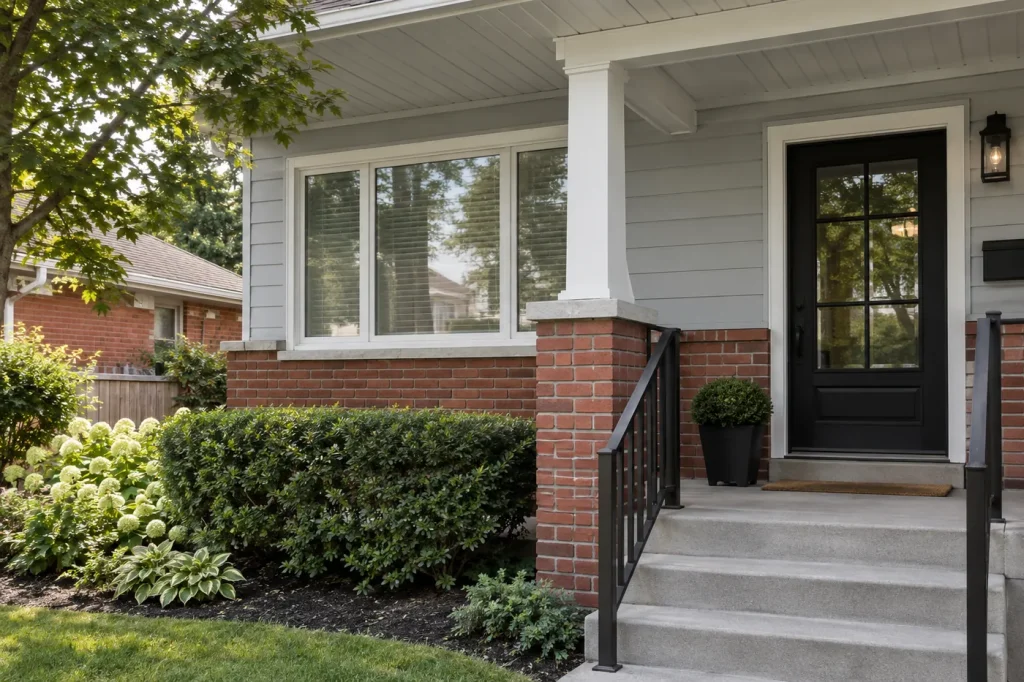Front porch with brick piers and freshly painted grey siding and white trim
