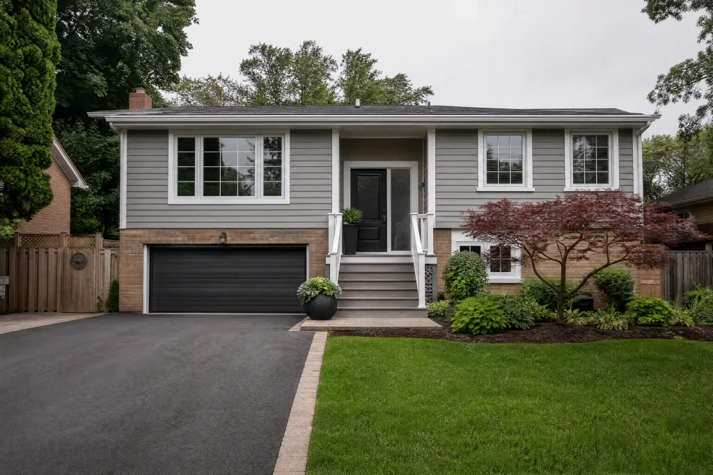 Aluminum siding freshly painted warm grey with white corner trim