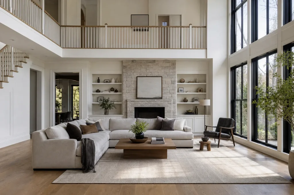 Bright great room of a custom home freshly painted warm white throughout