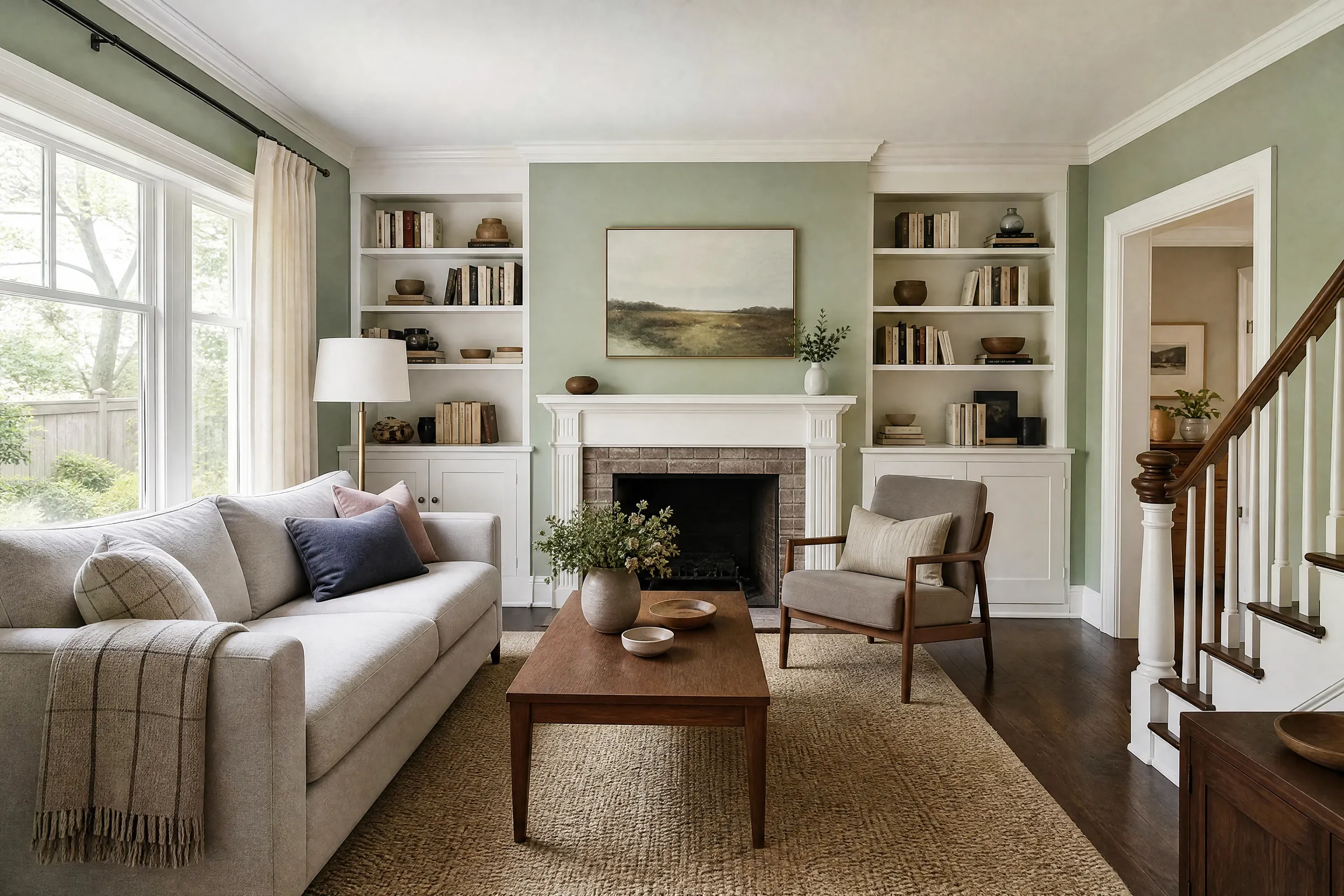 Family room freshly painted a sage green with white trim and built-ins
