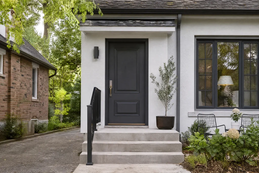 Front door freshly painted charcoal on a stucco bungalow