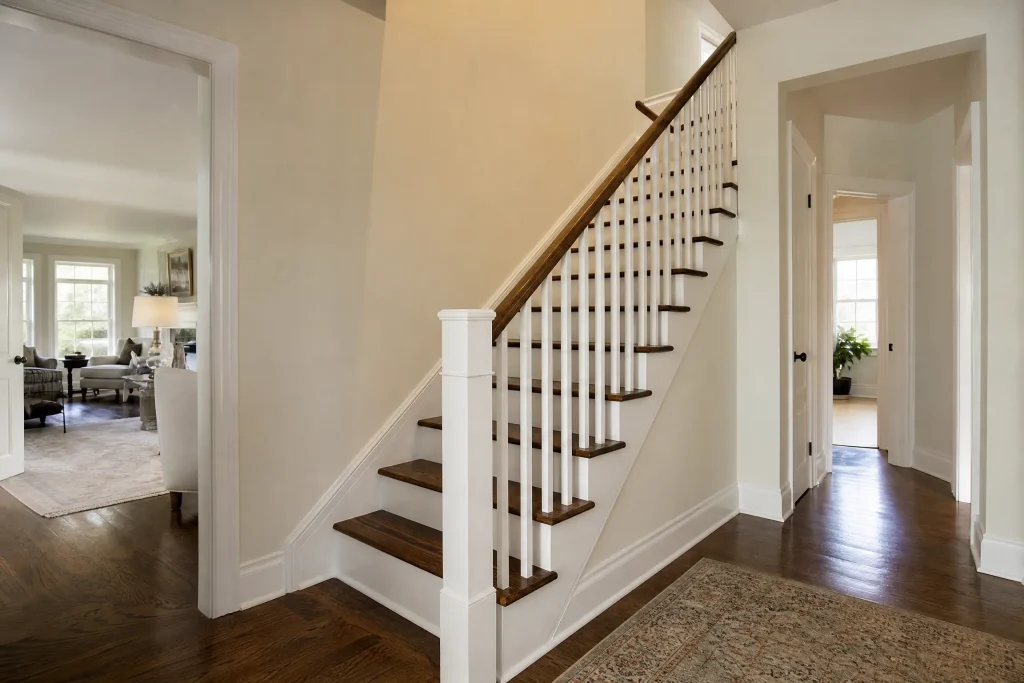 Refinished walnut handrail and white balusters on a stained oak staircase