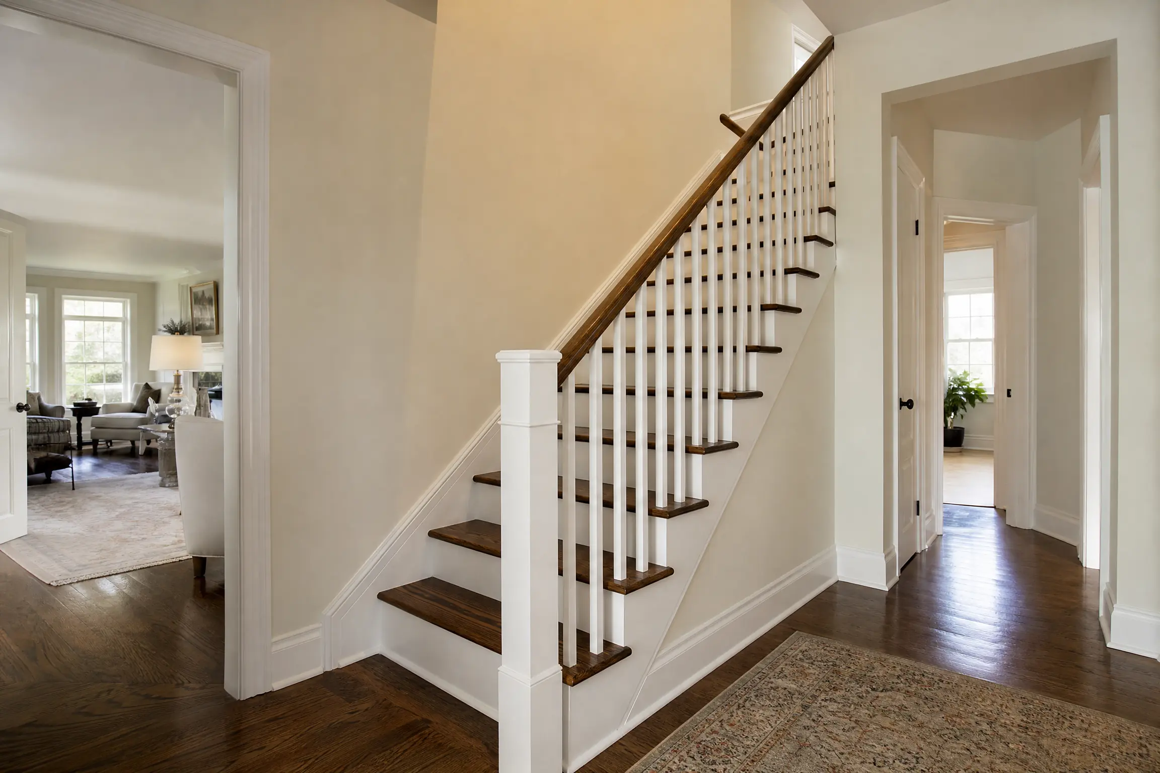 Refinished walnut handrail and white balusters on a stained oak staircase