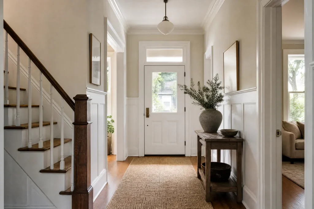 Front hallway freshly painted warm white with a panelled wainscot