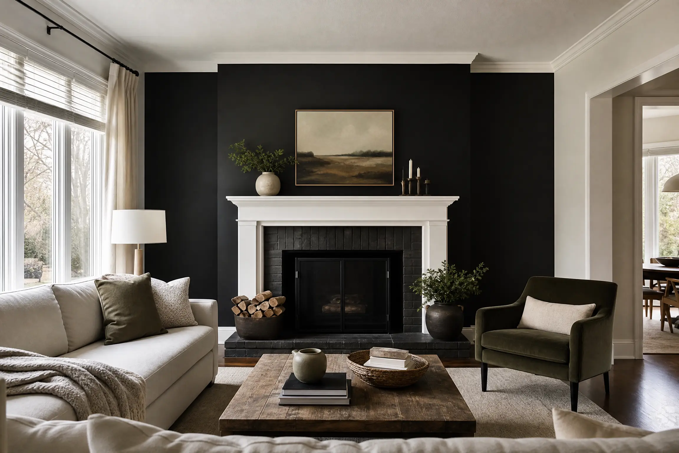 Living room with the fireplace wall freshly painted matte black