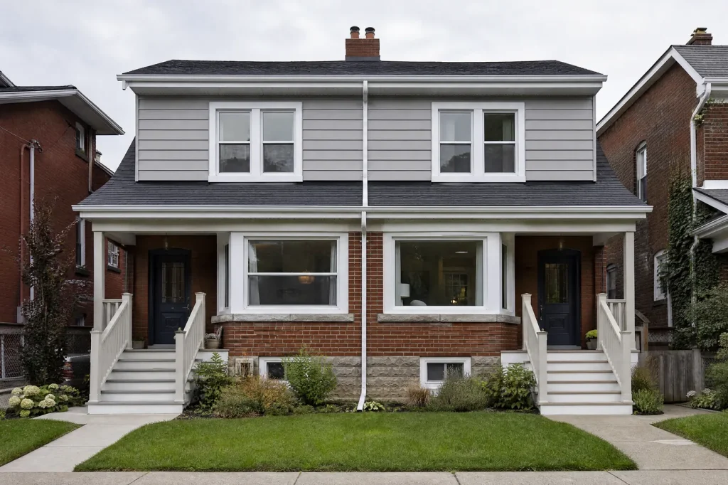 Semi-detached pair with freshly painted aluminum siding upstairs