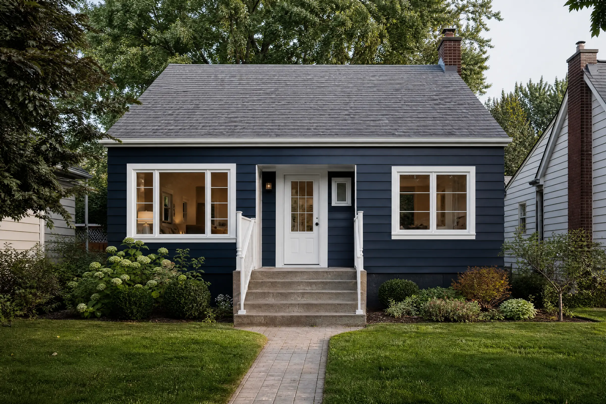 Bungalow aluminum siding freshly painted deep navy with white trim