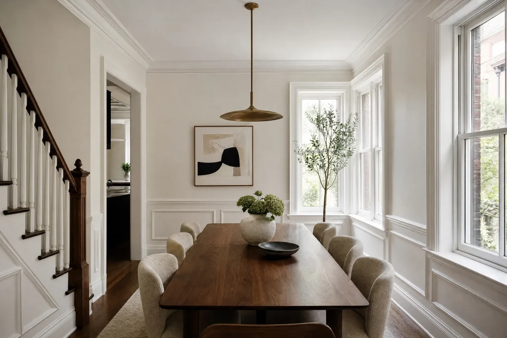 Victorian dining room freshly painted warm white with crisp white wainscot and trim