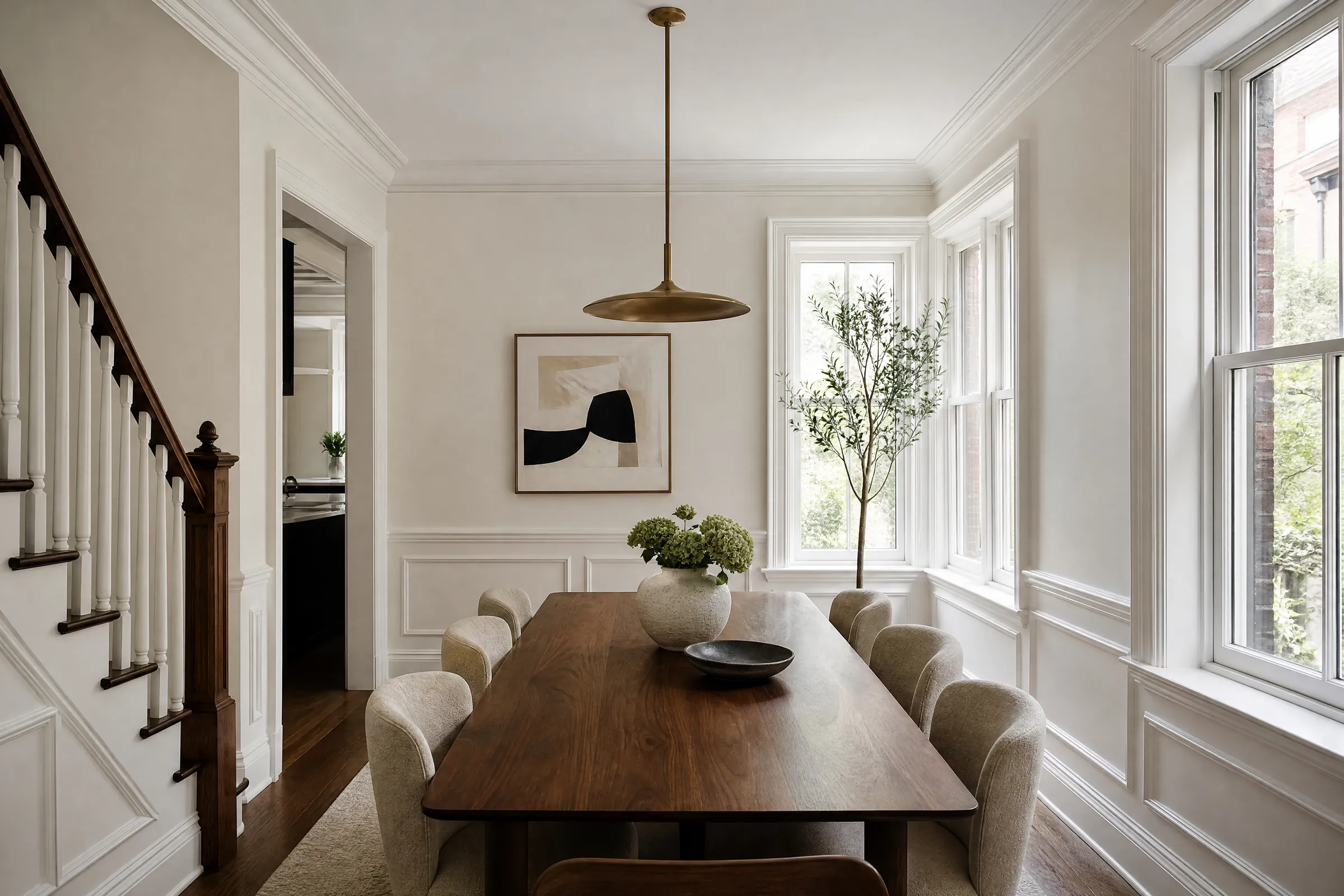 Victorian dining room freshly painted warm white with crisp white wainscot and trim