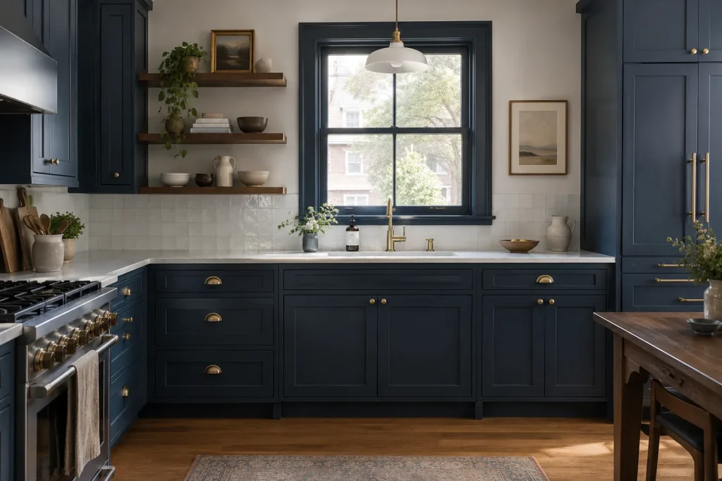 Kitchen with original shaker cabinets freshly painted deep navy and brass hardware
