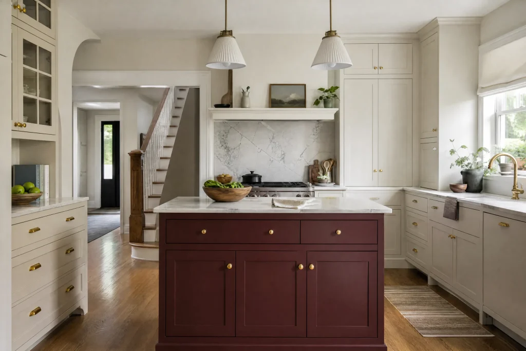 Kitchen with a freshly painted burgundy island and warm white cabinets
