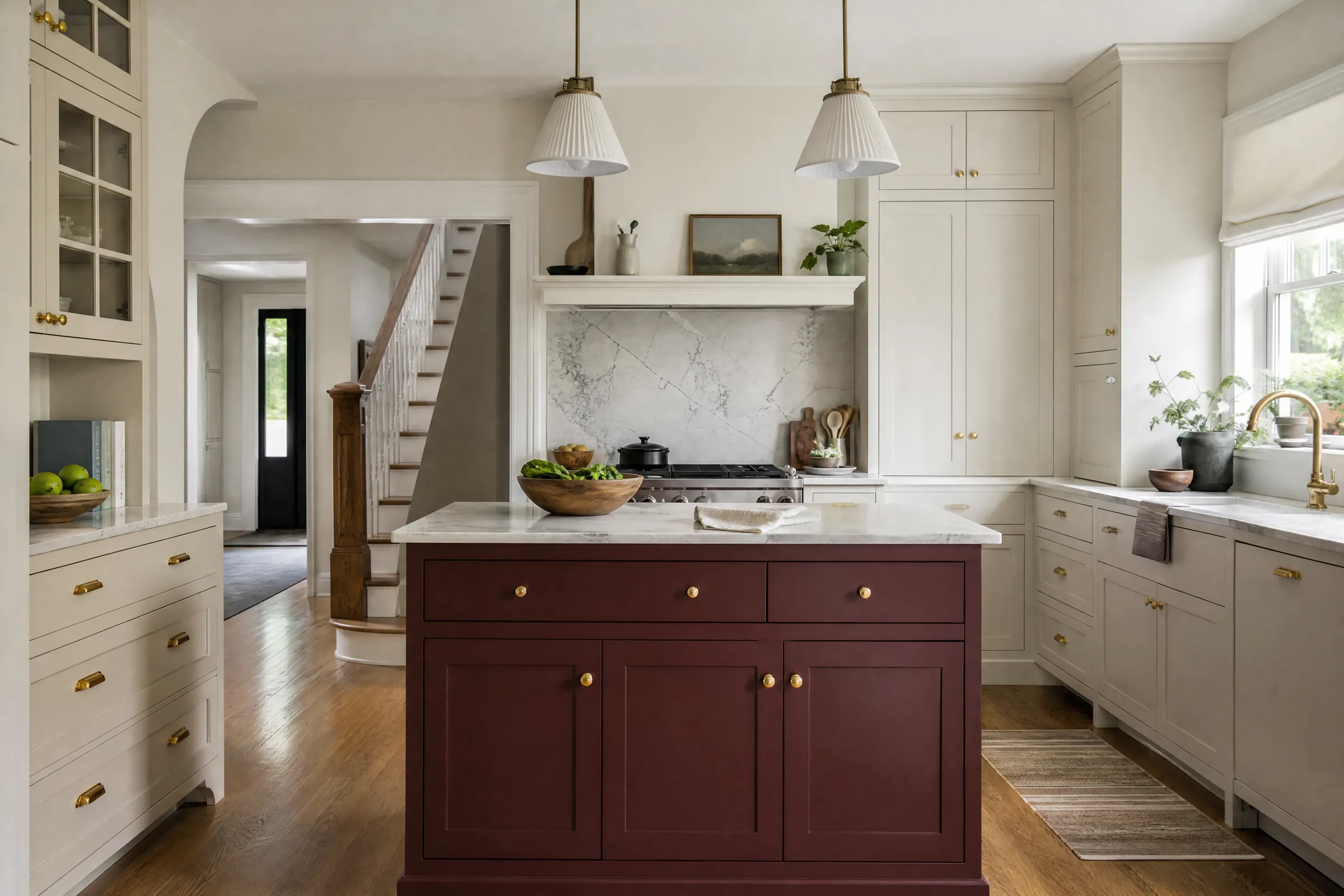 Kitchen with a freshly painted burgundy island and warm white cabinets