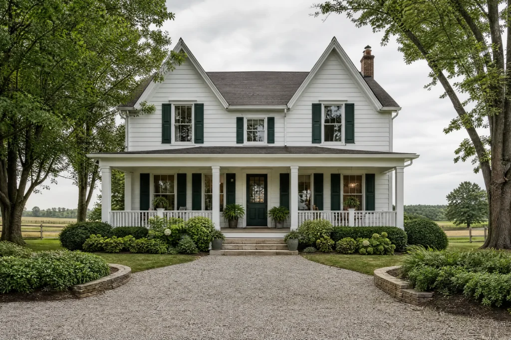 White farmhouse freshly painted on open Ontario countryside