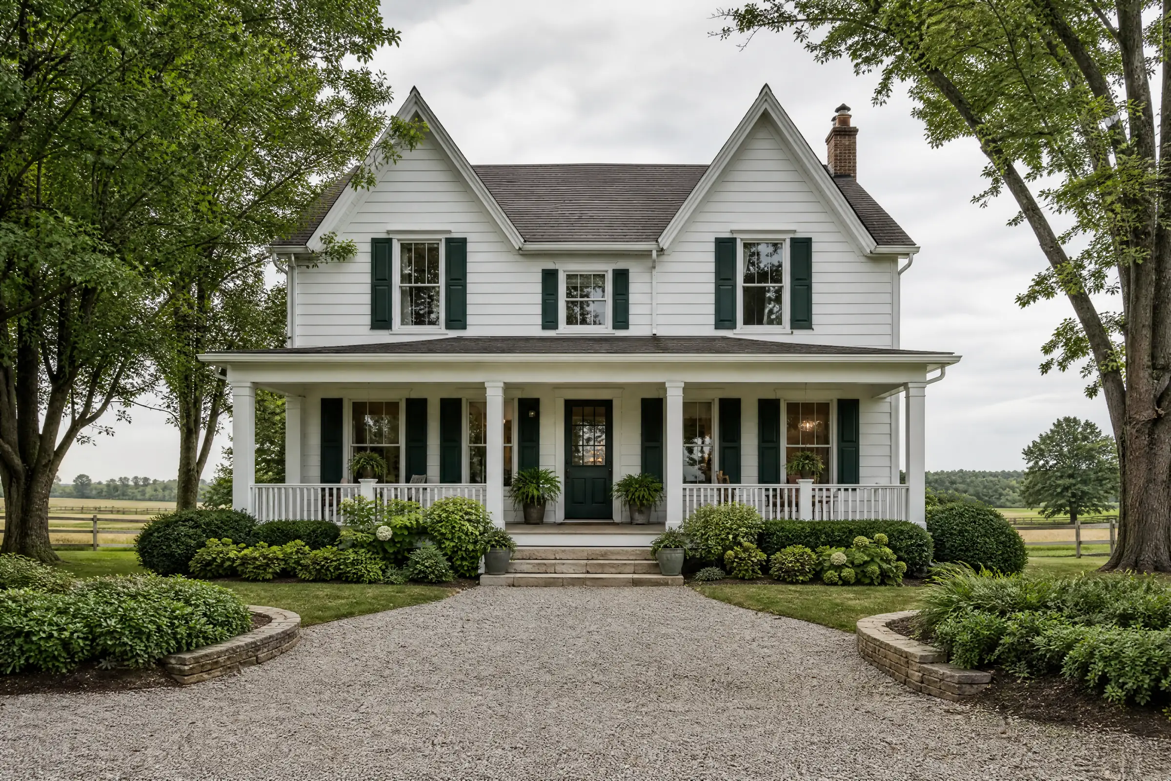 White farmhouse freshly painted on open Ontario countryside