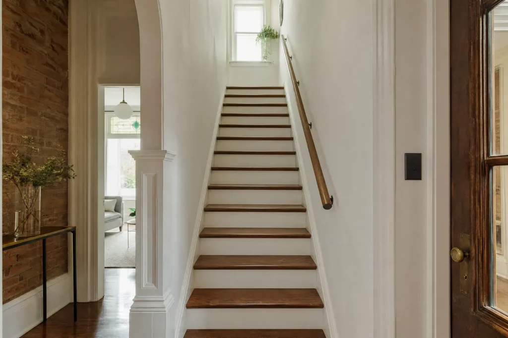 Closed staircase with freshly stained treads and a wall-mounted handrail