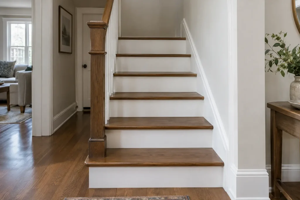 Freshly stained oak treads with crisp white risers